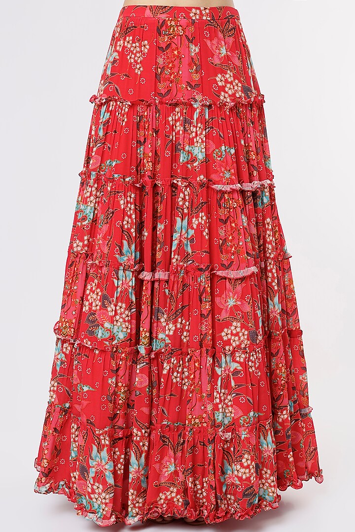Red Floral Printed Lehenga Set by Dhwaja at Pernia's Pop Up Shop