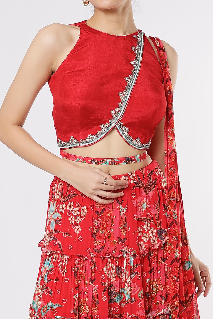 Red Floral Printed Lehenga Set by Dhwaja at Pernia's Pop Up Shop