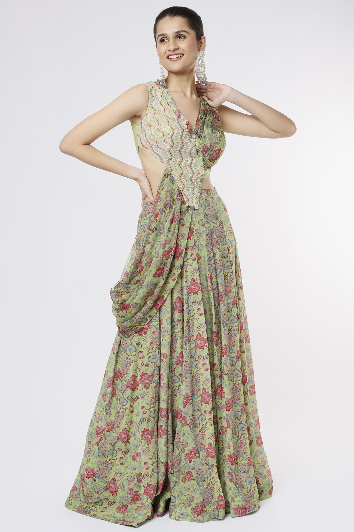 Lime Green Crepe Printed Pre-Draped Party Wear Saree by Dhwaja at Pernia's Pop Up Shop