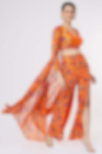 Orange Organza Printed Jacket Set by Dhwaja