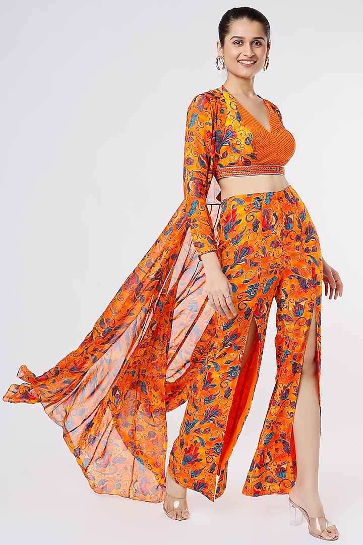 Orange Organza Printed Jacket Set by Dhwaja