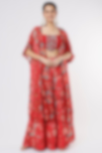 Red Organza Printed Jacket Set by Dhwaja at Pernia's Pop Up Shop
