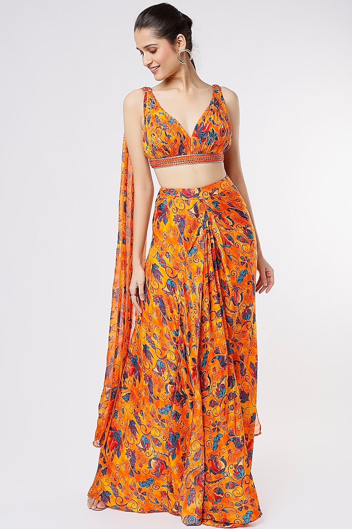 Orange Floral Printed Draped Skirt Set by Dhwaja