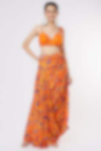 Orange Printed Pre-Draped Saree Set by Dhwaja