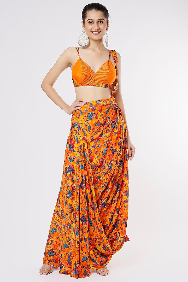 Orange Printed Pre-Draped Saree Set by Dhwaja
