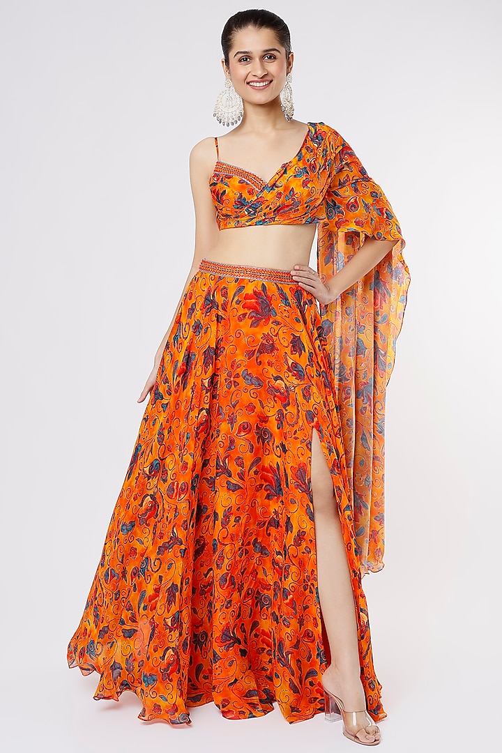 Orange Printed & Embroidered Skirt Set by Dhwaja