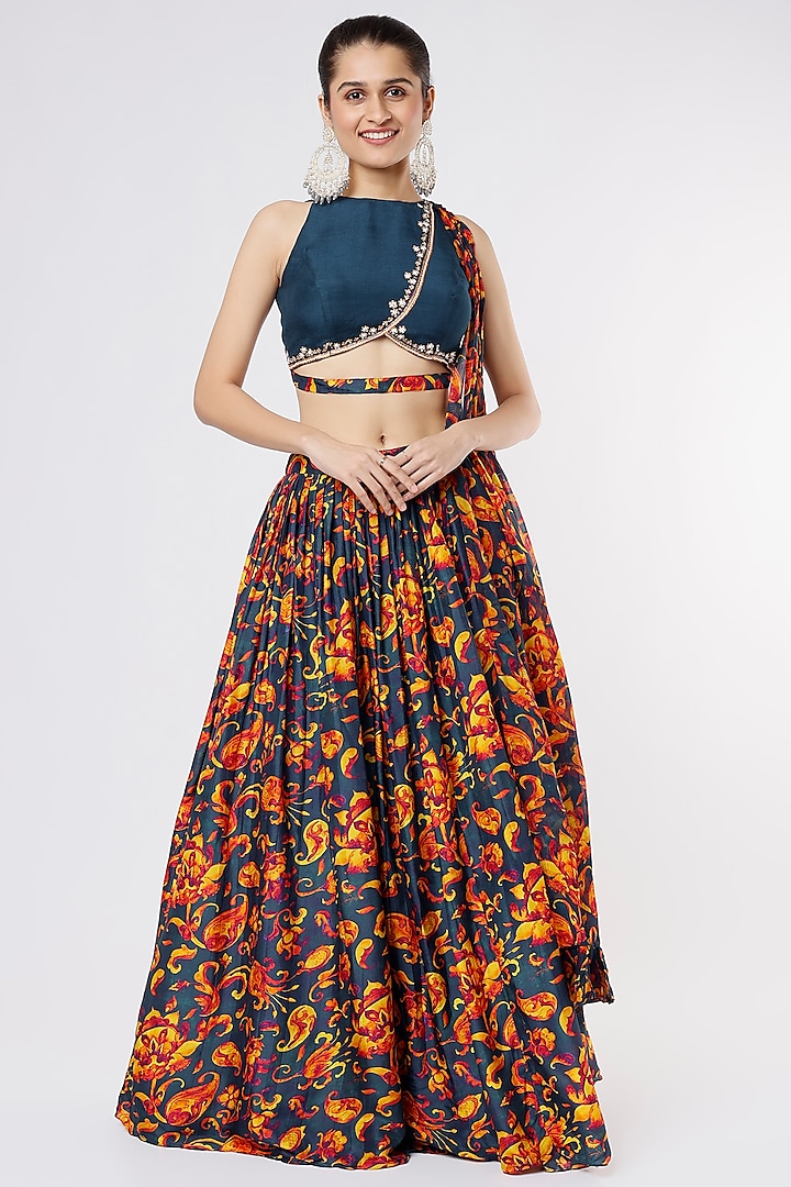 Dark Blue Floral Printed Lehenga Set by Dhwaja