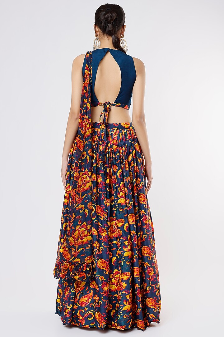 Dark Blue Floral Printed Lehenga Set by Dhwaja at Pernia's Pop Up Shop