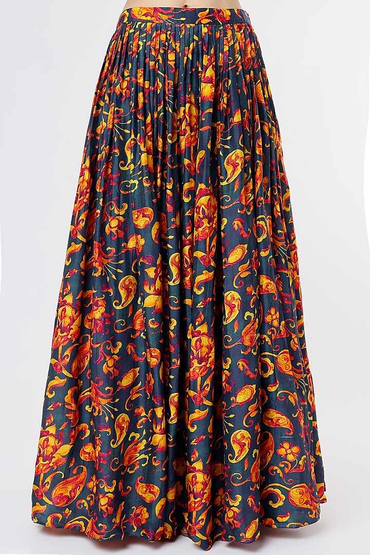 Dark Blue Floral Printed Lehenga Set by Dhwaja at Pernia's Pop Up Shop
