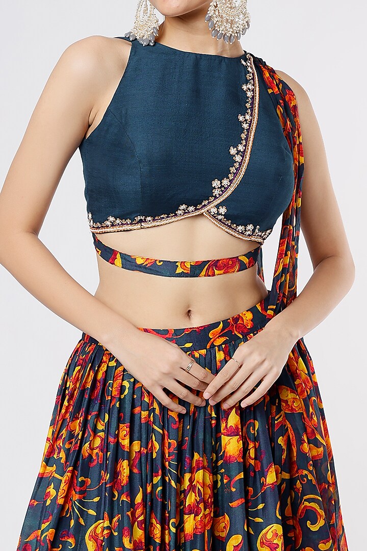 Dark Blue Floral Printed Lehenga Set by Dhwaja at Pernia's Pop Up Shop