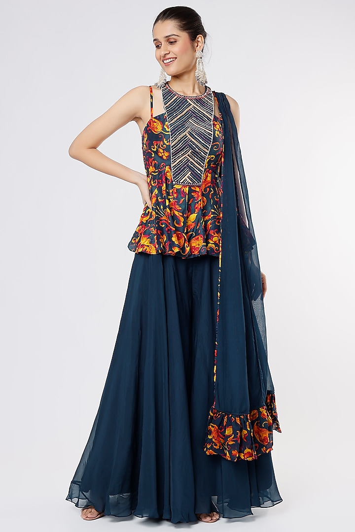 Dark Blue Organza Sharara Set by Dhwaja at Pernia's Pop Up Shop