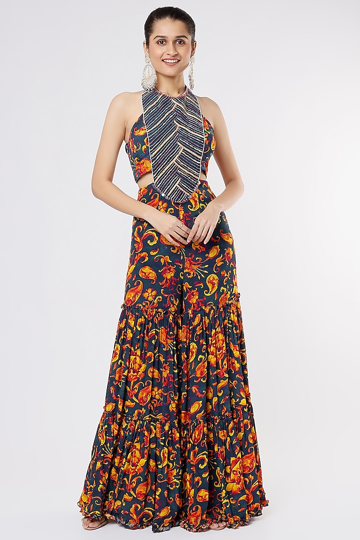 Dark Blue Crepe Printed Jumpsuit by Dhwaja