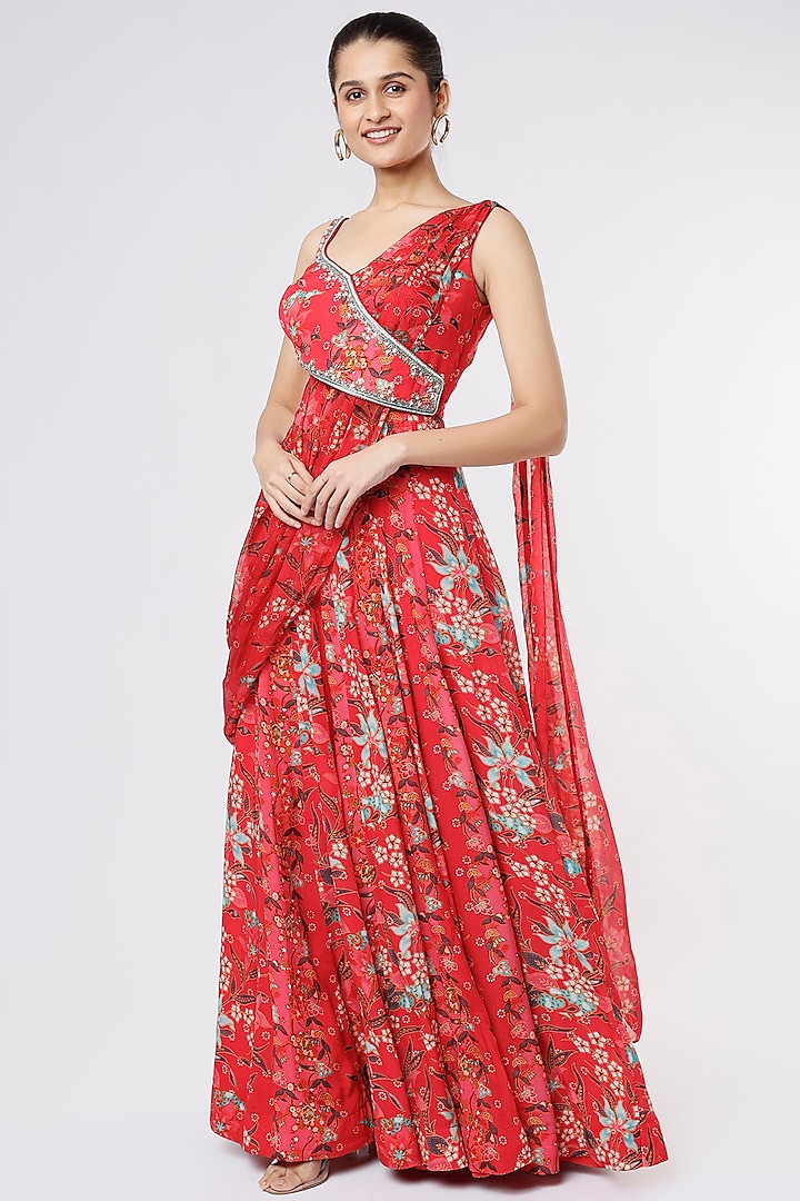 Red Crepe Printed Pre-Draped Saree by Dhwaja