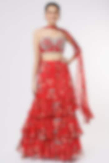 Red Floral Printed Layered Wedding Lehenga Set by Dhwaja at Pernia's Pop Up Shop