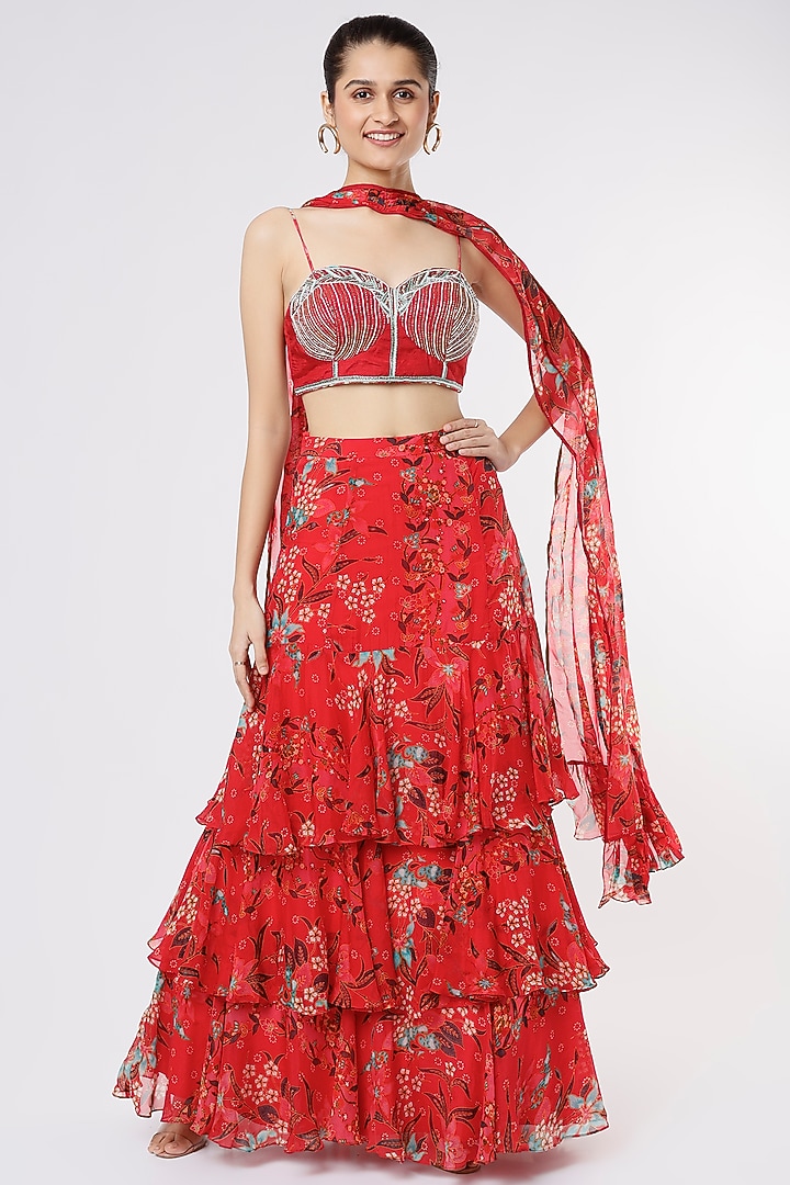 Red Floral Printed Layered Wedding Lehenga Set by Dhwaja at Pernia's Pop Up Shop
