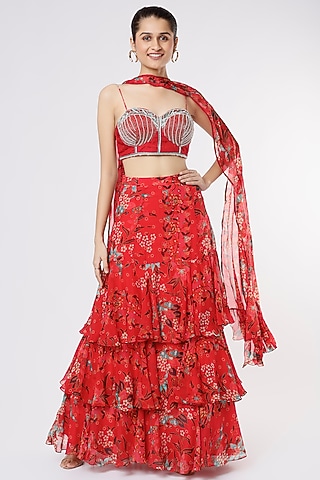 Red Floral Printed Layered Lehenga Set by Dhwaja