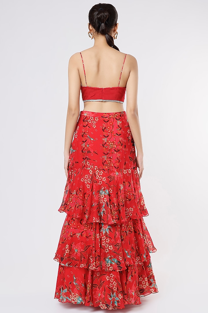 Red Floral Printed Layered Wedding Lehenga Set by Dhwaja at Pernia's Pop Up Shop