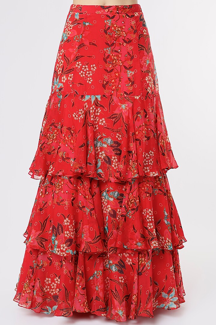 Red Floral Printed Layered Wedding Lehenga Set by Dhwaja at Pernia's Pop Up Shop