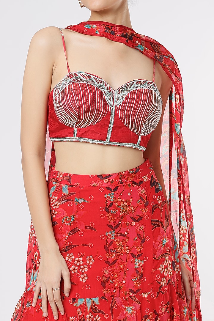 Red Floral Printed Layered Wedding Lehenga Set by Dhwaja at Pernia's Pop Up Shop