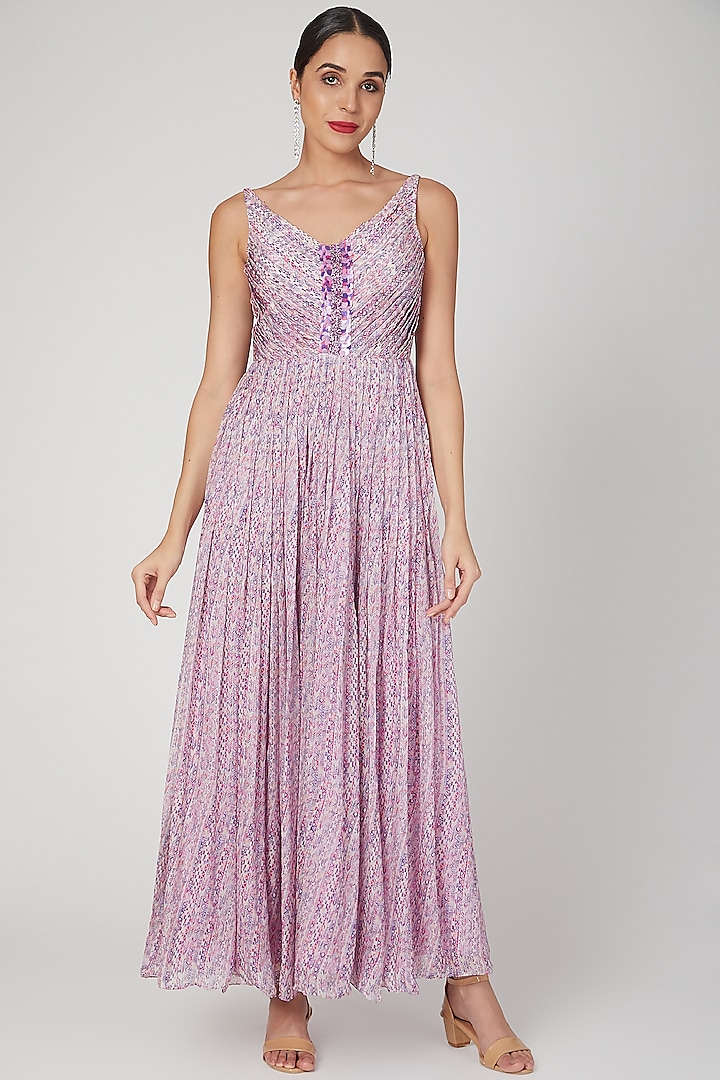 Lilac Sequins Embroidered & Printed Gown by Dhwaja