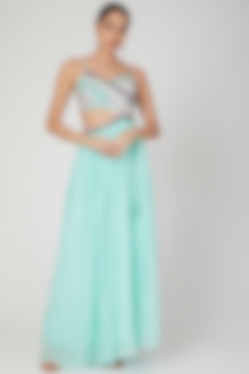 Aqua Blue Embroidered & Printed Wrap Gown by Dhwaja at Pernia's Pop Up Shop