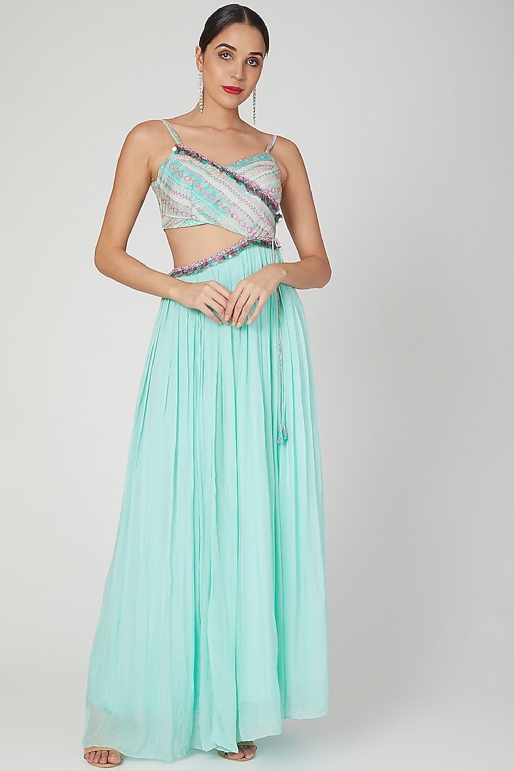 Aqua Blue Embroidered & Printed Wrap Gown by Dhwaja at Pernia's Pop Up Shop