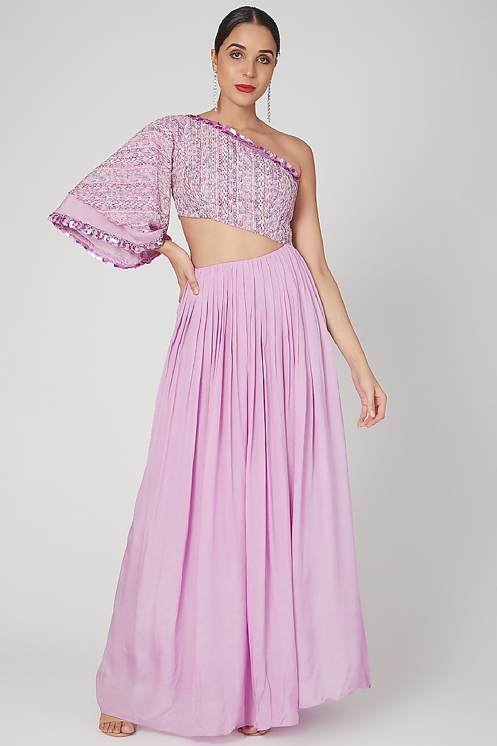 Lilac Embroidered & Printed Gown by Dhwaja