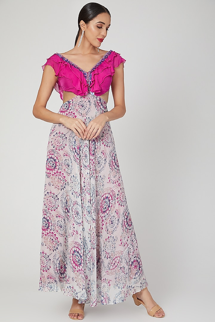 Fuchisa Pink Embroidered & Printed Gown by Dhwaja