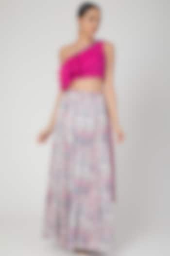 Fuchisa Pink Embroidered & Printed Skirt Set by Dhwaja