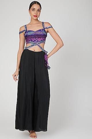 Black Printed Wrap Jumpsuit by Dhwaja