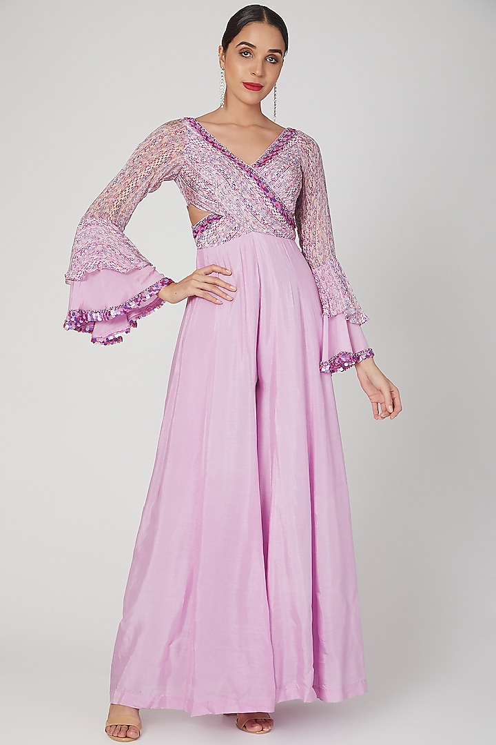 Lilac Printed & Embroidered Jumpsuit by Dhwaja