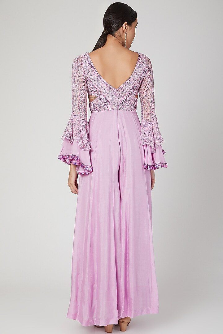 Lilac Printed & Embroidered Jumpsuit by Dhwaja at Pernia's Pop Up Shop