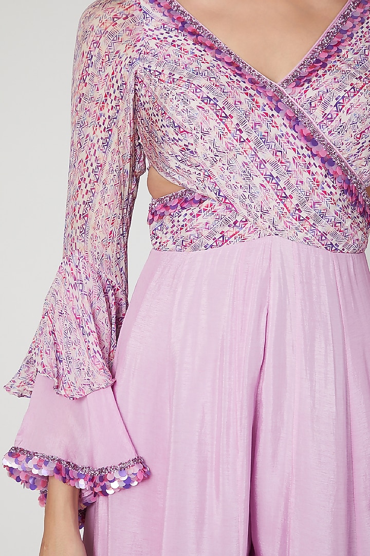 Lilac Printed & Embroidered Jumpsuit by Dhwaja at Pernia's Pop Up Shop