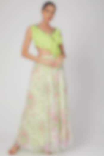 Lime Green Embroidered & Printed Gown by Dhwaja