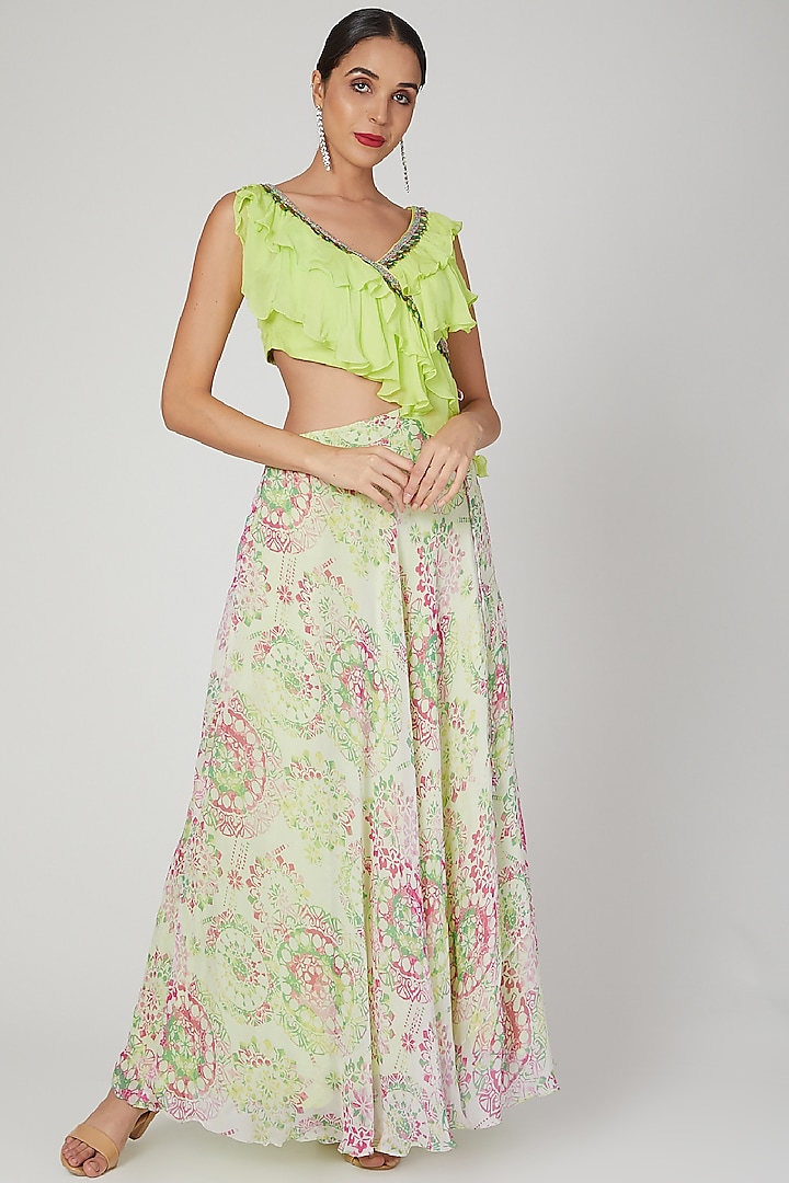 Lime Green Embroidered & Printed Gown by Dhwaja