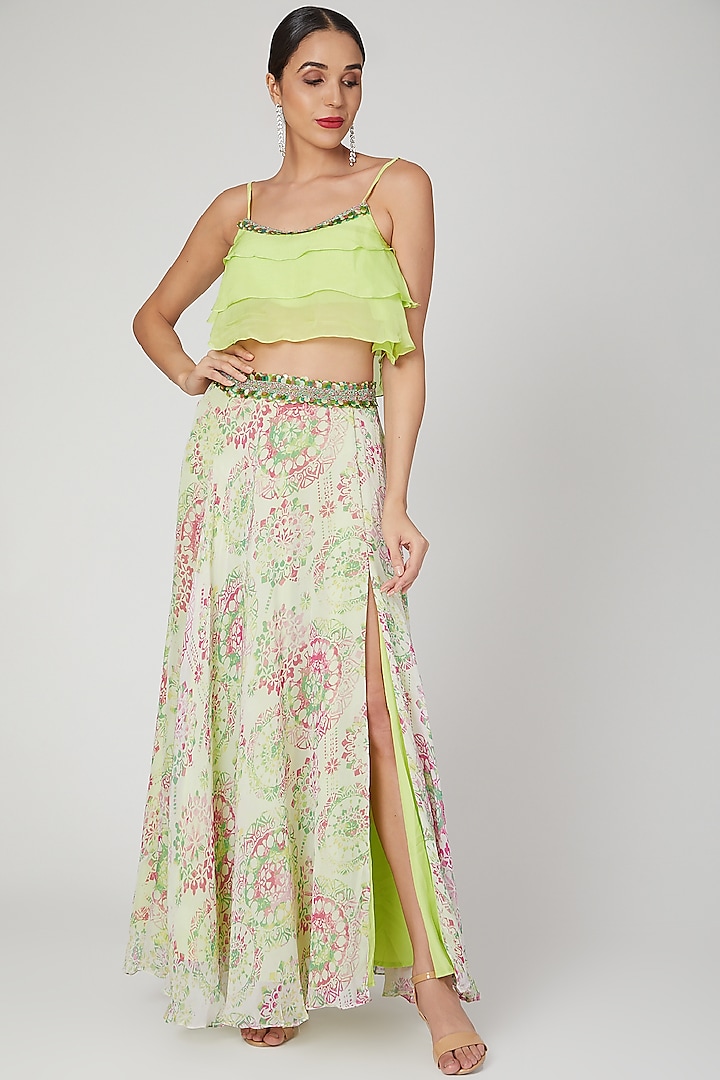 Lime Green Printed & Embroidered Skirt Set by Dhwaja