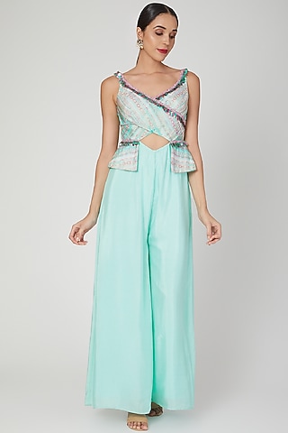 Aqua Blue Printed & Embroidered Peplum Jumpsuit by Dhwaja