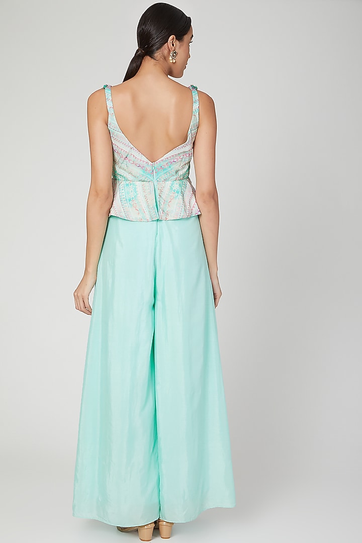 Aqua Blue Printed & Embroidered Peplum Jumpsuit by Dhwaja at Pernia's Pop Up Shop