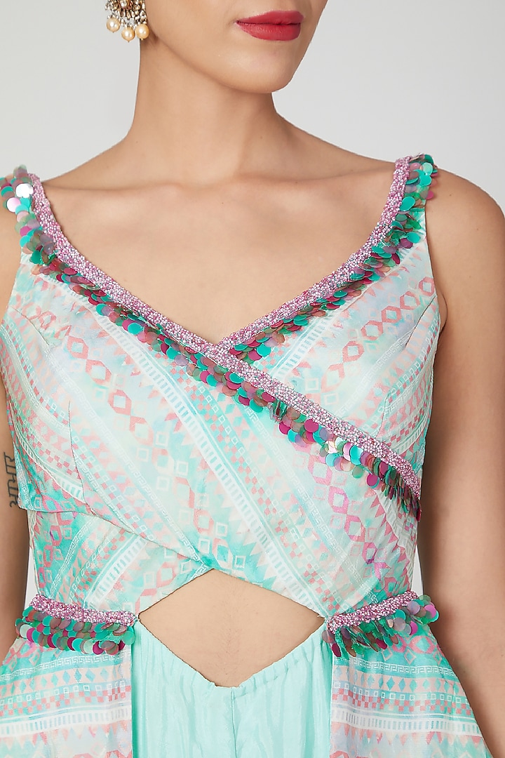 Aqua Blue Printed & Embroidered Peplum Jumpsuit by Dhwaja at Pernia's Pop Up Shop