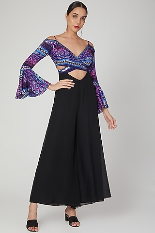 Black Printed & Embroidered Wrap Jumpsuit by Dhwaja