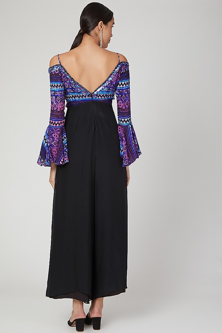 Black Printed & Embroidered Wrap Jumpsuit by Dhwaja at Pernia's Pop Up Shop