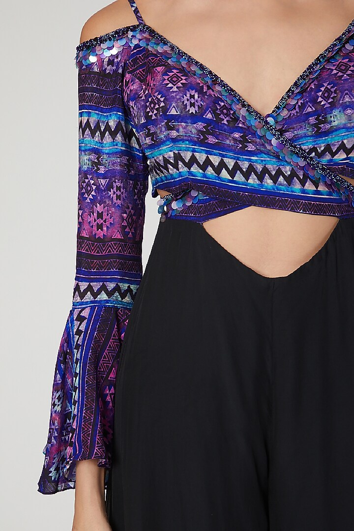 Black Printed & Embroidered Wrap Jumpsuit by Dhwaja at Pernia's Pop Up Shop