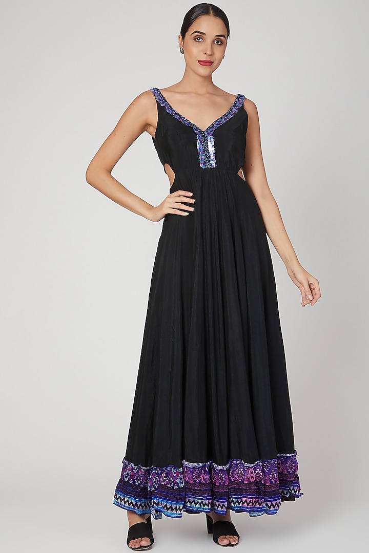 Black Printed & Embroidered Gown by Dhwaja at Pernia's Pop Up Shop