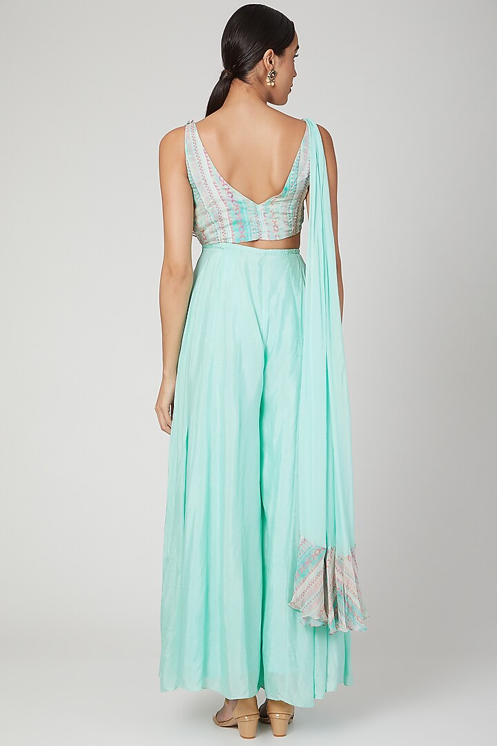 Aqua Blue Embroidered & Printed Wrap Jumpsuit by Dhwaja at Pernia's Pop Up Shop