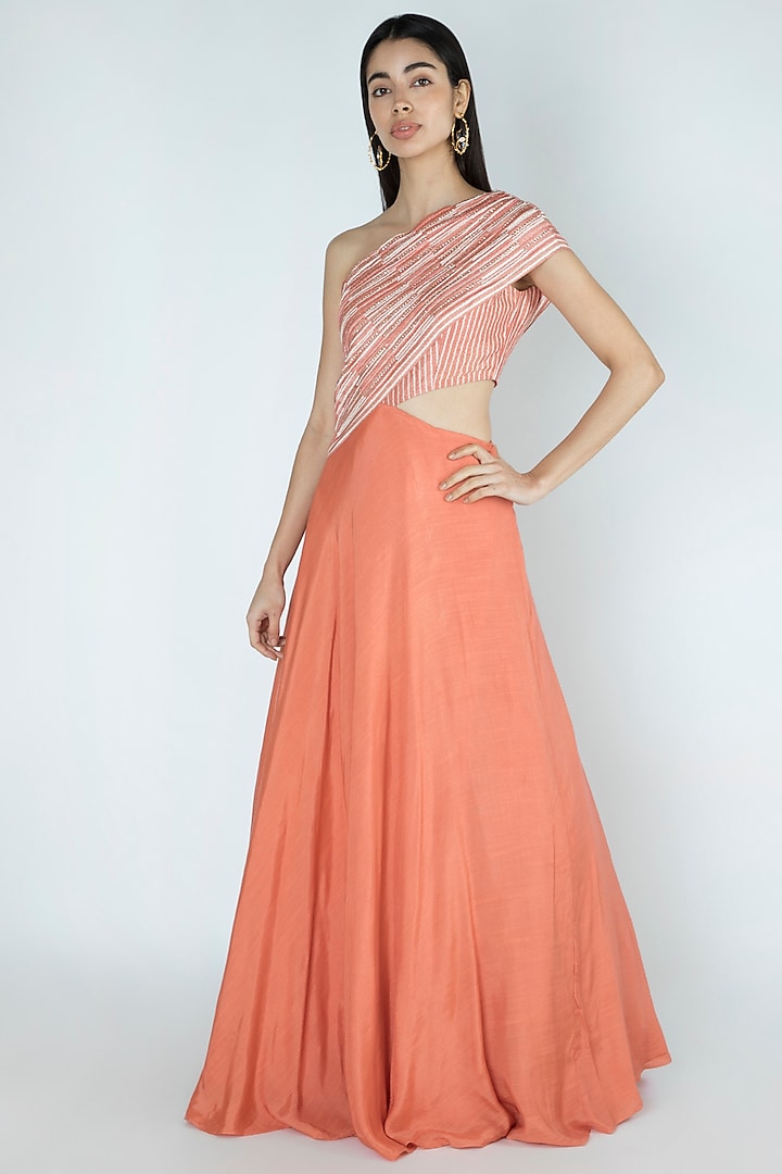 Rose Pink Embroidered & Printed Gown by Dhwaja