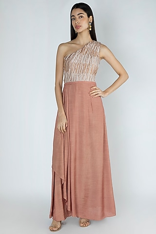 Cappuccino Embroidered One Shoulder Gown by Dhwaja