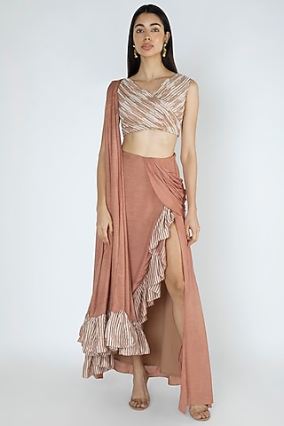 Cappuccino Embroidered Pre-Draped Saree Set by Dhwaja