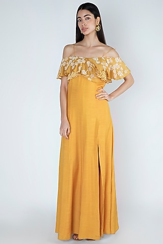 Amber Yellow Embroidered & Printed Off-Shoulder Gown by Dhwaja