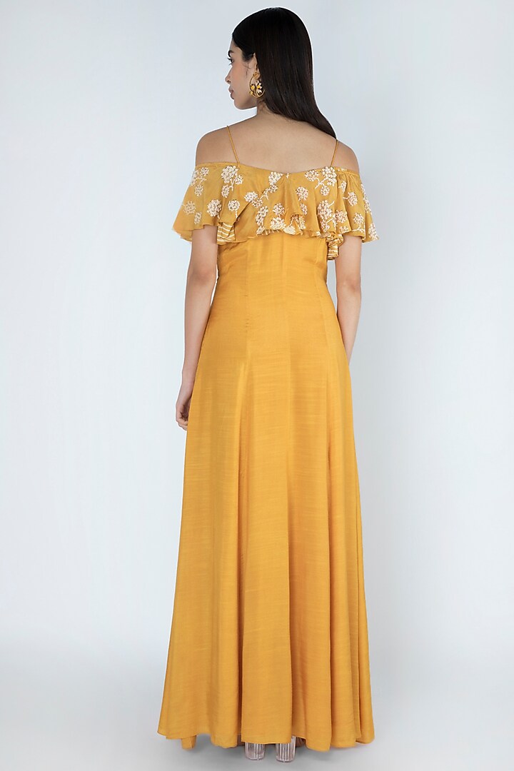 Amber Yellow Embroidered & Printed Off-Shoulder Party Wear Gown by Dhwaja at Pernia's Pop Up Shop