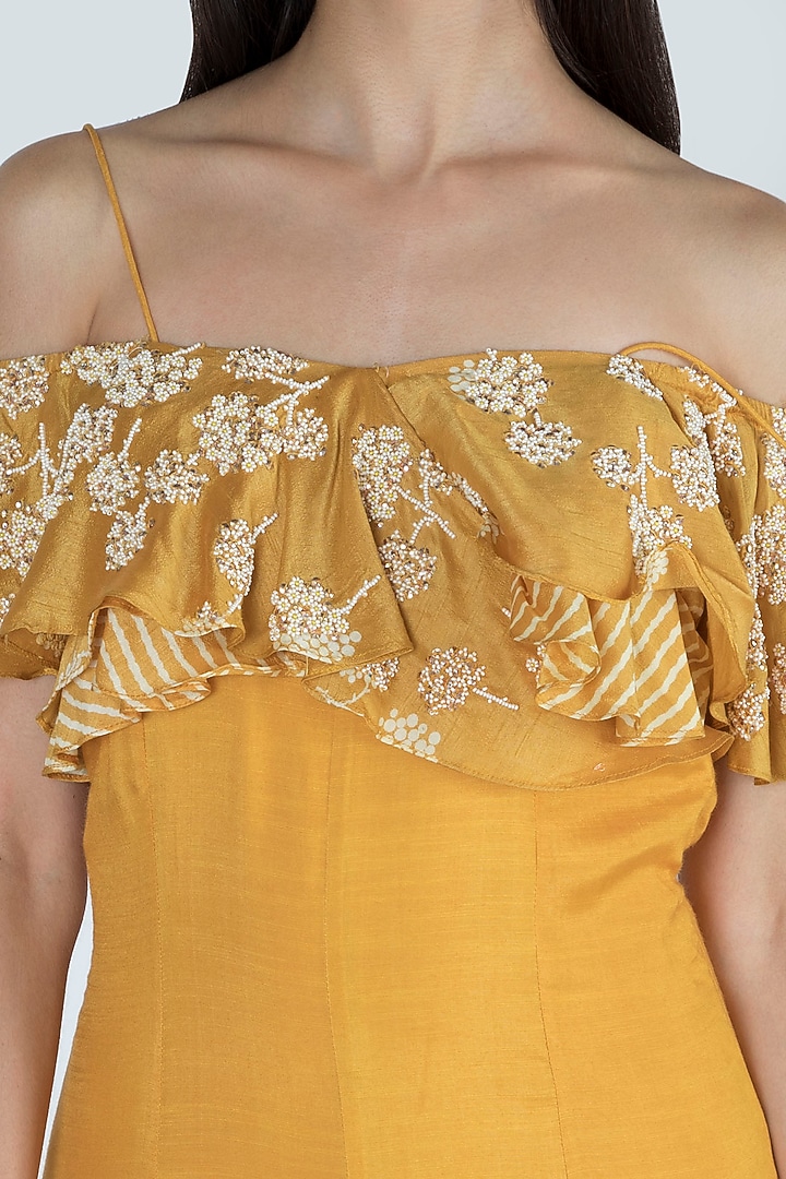 Amber Yellow Embroidered & Printed Off-Shoulder Party Wear Gown by Dhwaja at Pernia's Pop Up Shop